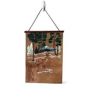 Painted Leather Wall Hanging White Tail Deer Mountains Cabin Woods Man Cave